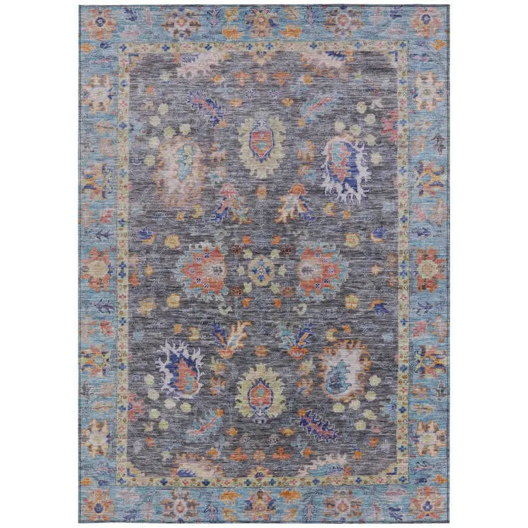 8' X 10' Gray And Denim Blue Floral Washable Indoor Outdoor Area Rug