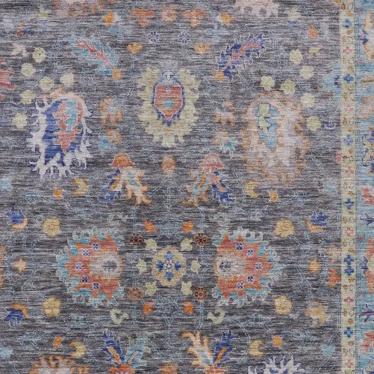 8' X 10' Gray And Denim Blue Floral Washable Indoor Outdoor Area Rug