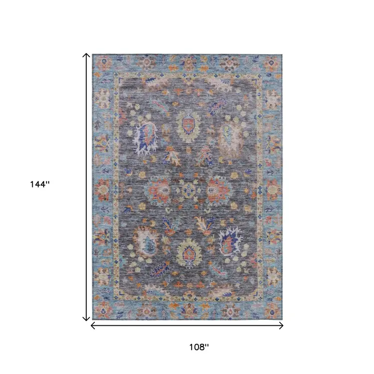 9' X 12' Gray And Denim Blue Floral Washable Indoor Outdoor Area Rug