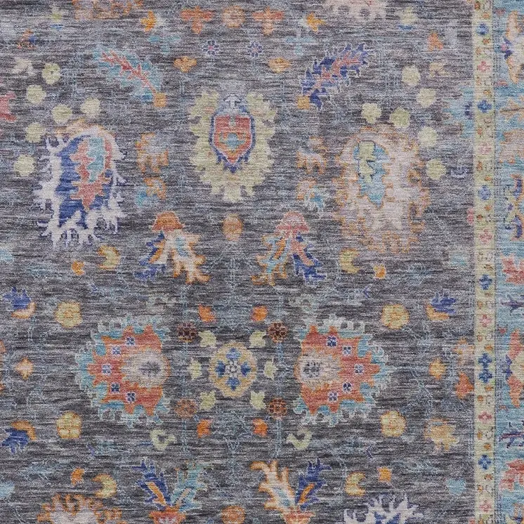 9' X 12' Gray And Denim Blue Floral Washable Indoor Outdoor Area Rug