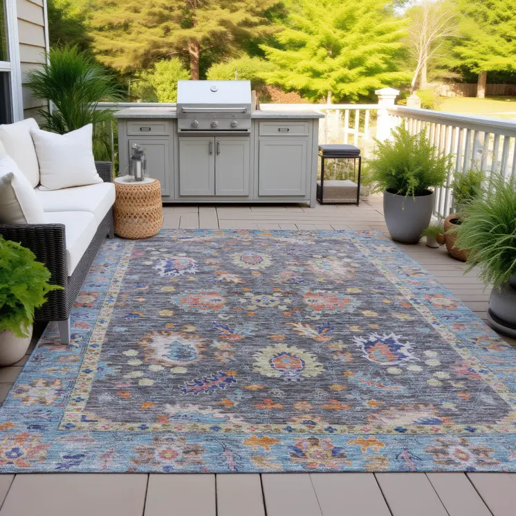 10' X 14' Gray And Denim Blue Floral Washable Indoor Outdoor Area Rug