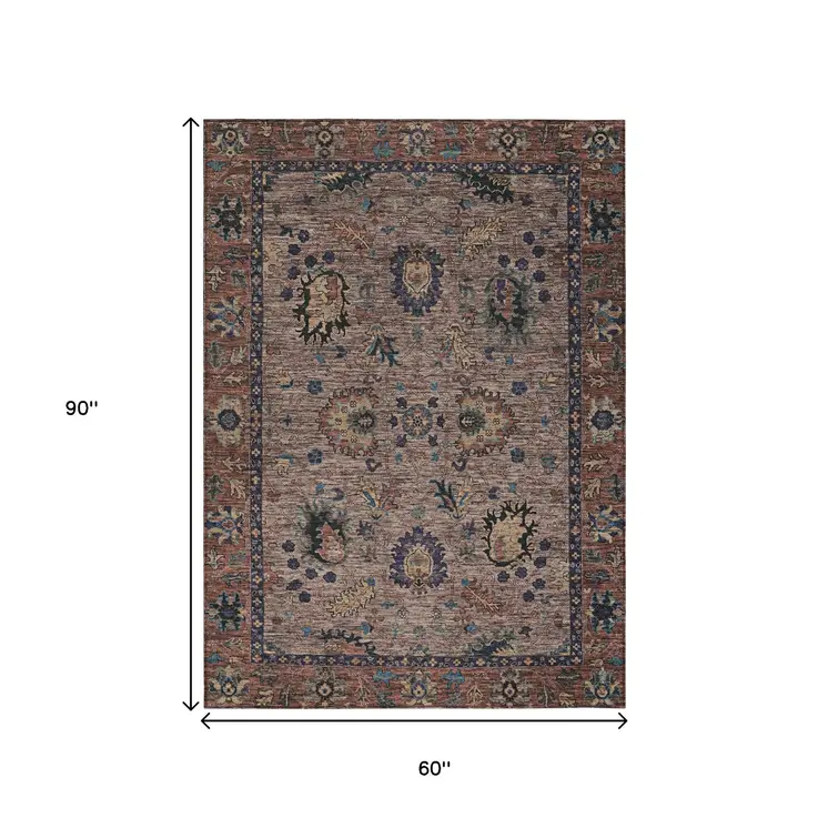 5' X 8' Brown And Beige Floral Washable Indoor Outdoor Area Rug