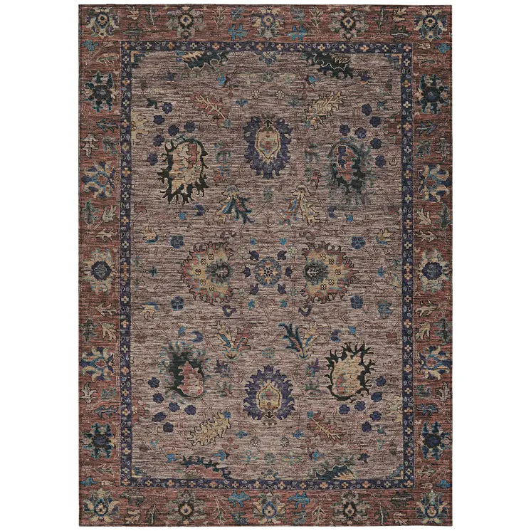 5' X 8' Brown And Beige Floral Washable Indoor Outdoor Area Rug