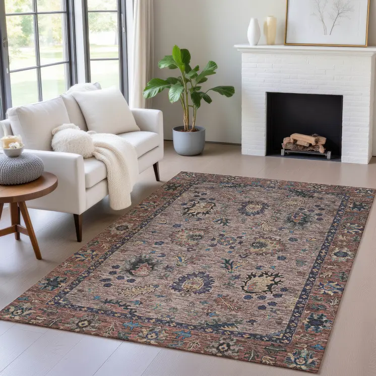 5' X 8' Brown And Beige Floral Washable Indoor Outdoor Area Rug