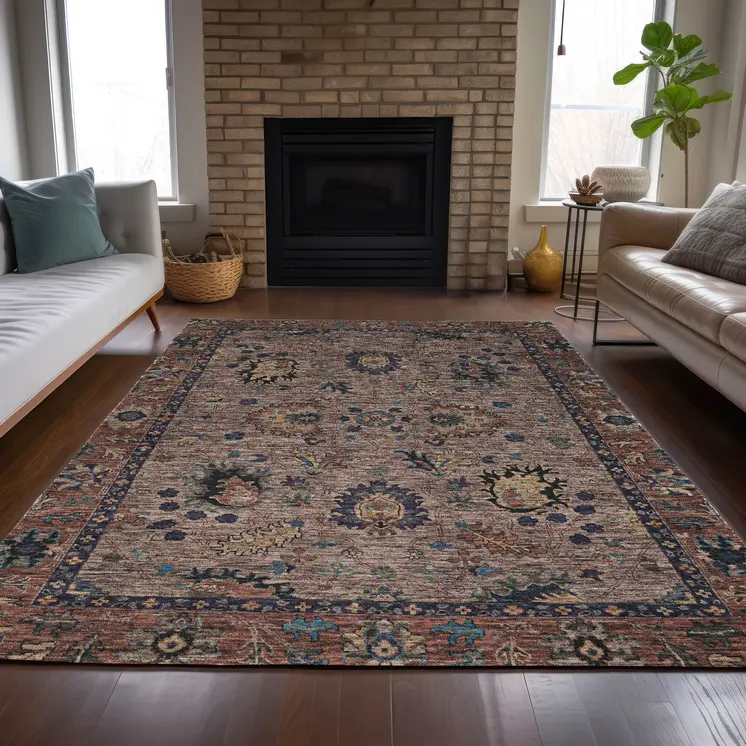5' X 8' Brown And Beige Floral Washable Indoor Outdoor Area Rug