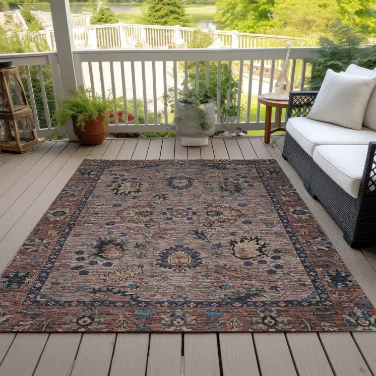 5' X 8' Brown And Beige Floral Washable Indoor Outdoor Area Rug