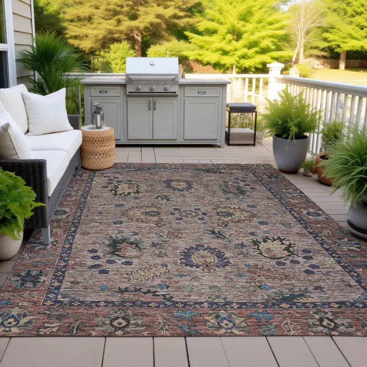 9' X 12' Brown And Beige Floral Washable Indoor Outdoor Area Rug