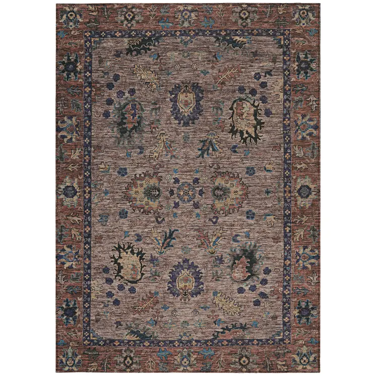 10' X 14' Brown And Beige Floral Washable Indoor Outdoor Area Rug
