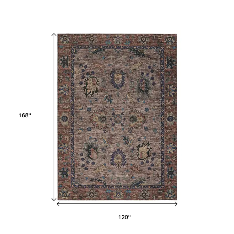 10' X 14' Brown And Beige Floral Washable Indoor Outdoor Area Rug