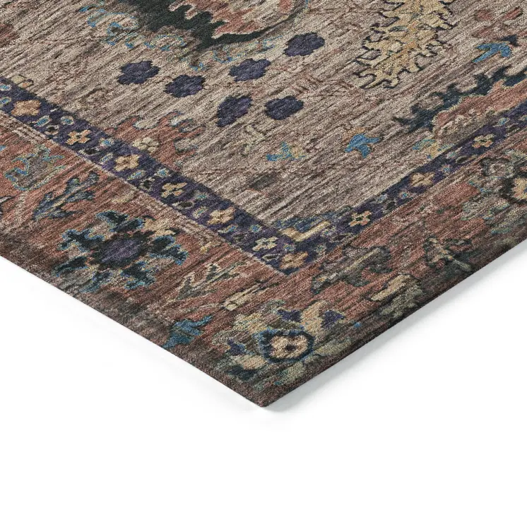 10' X 14' Brown And Beige Floral Washable Indoor Outdoor Area Rug