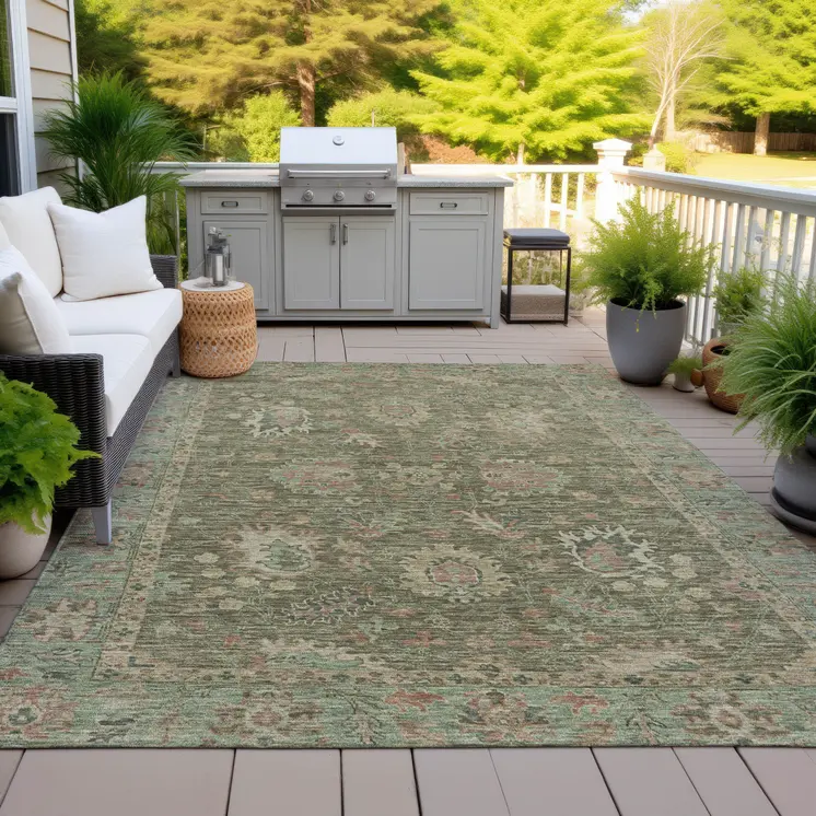 3' X 5' Olive Green And Rust Floral Washable Indoor Outdoor Area Rug