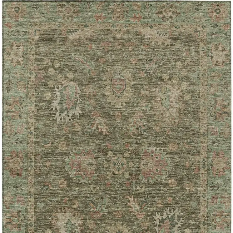 3' X 5' Olive Green And Rust Floral Washable Indoor Outdoor Area Rug