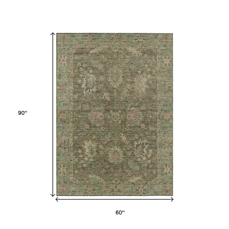 5' X 8' Olive Green And Rust Floral Washable Indoor Outdoor Area Rug