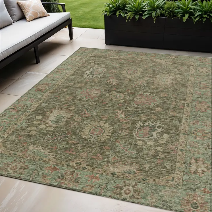 5' X 8' Olive Green And Rust Floral Washable Indoor Outdoor Area Rug