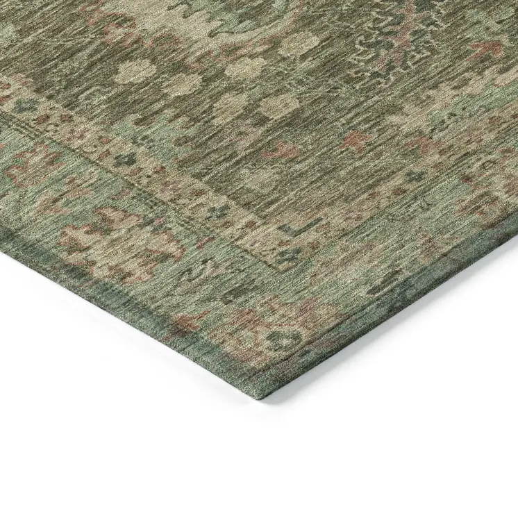 5' X 8' Olive Green And Rust Floral Washable Indoor Outdoor Area Rug