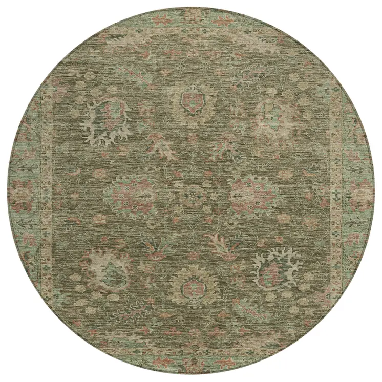 8' Olive Green And Rust Round Floral Washable Indoor Outdoor Area Rug