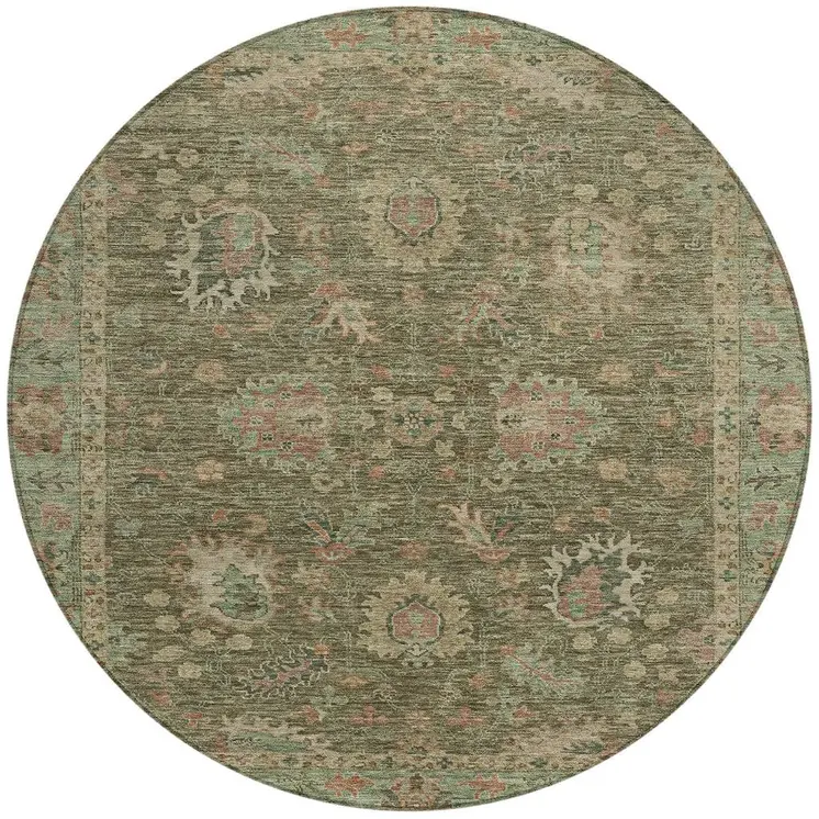 8' Olive Green And Rust Round Floral Washable Indoor Outdoor Area Rug