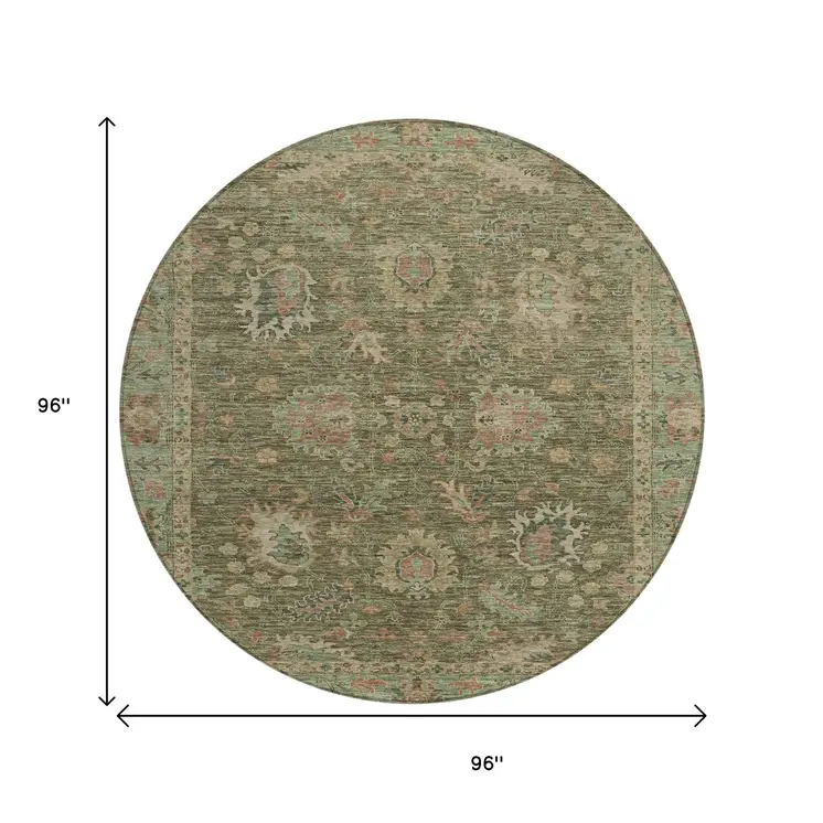 8' Olive Green And Rust Round Floral Washable Indoor Outdoor Area Rug