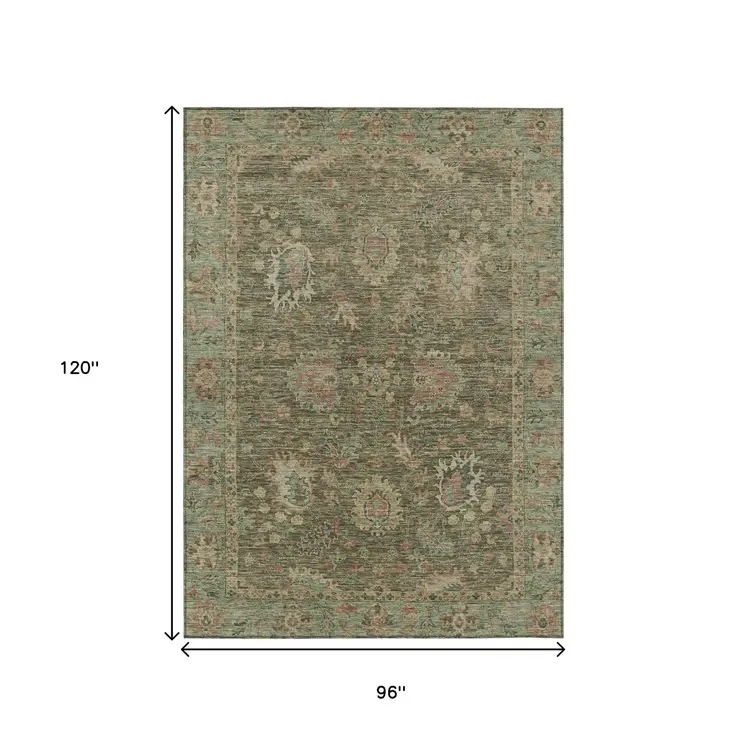 8' X 10' Olive Green And Rust Floral Washable Indoor Outdoor Area Rug