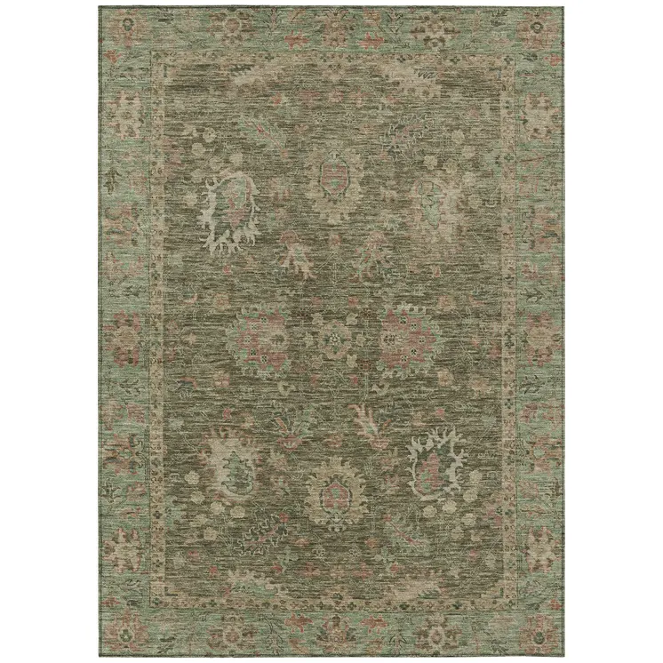 8' X 10' Olive Green And Rust Floral Washable Indoor Outdoor Area Rug