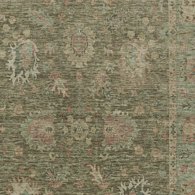 9' X 12' Olive Green And Rust Floral Washable Indoor Outdoor Area Rug
