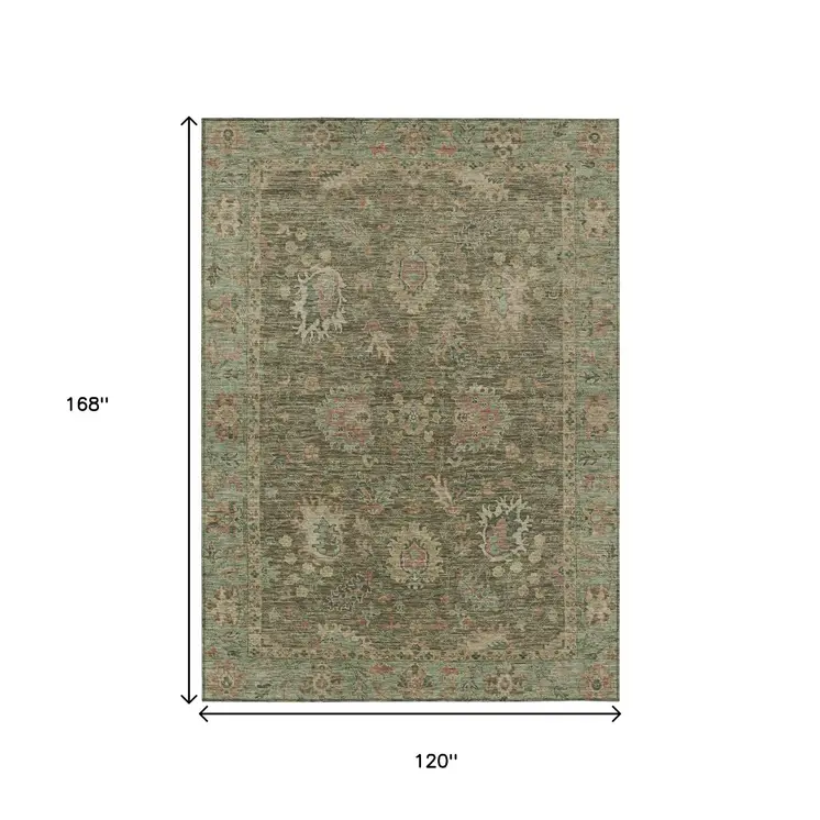 10' X 14' Olive Green And Rust Floral Washable Indoor Outdoor Area Rug