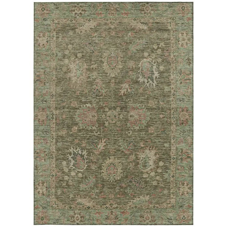 10' X 14' Olive Green And Rust Floral Washable Indoor Outdoor Area Rug