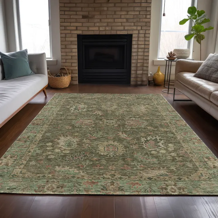 10' X 14' Olive Green And Rust Floral Washable Indoor Outdoor Area Rug