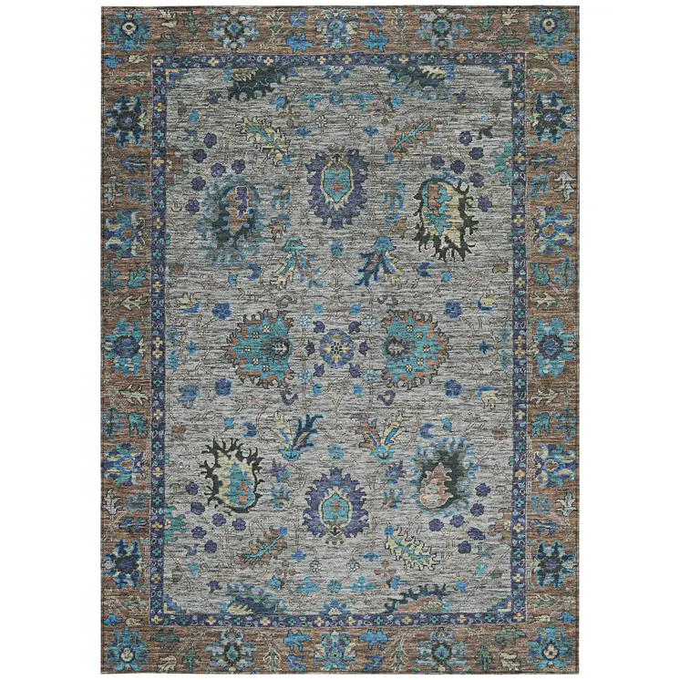 3' X 5' Pewter And Teal Blue Floral Washable Indoor Outdoor Area Rug