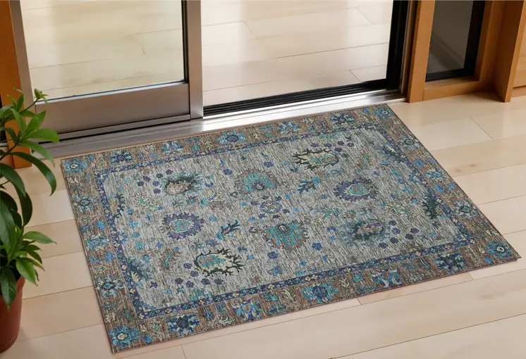 3' X 5' Pewter And Teal Blue Floral Washable Indoor Outdoor Area Rug