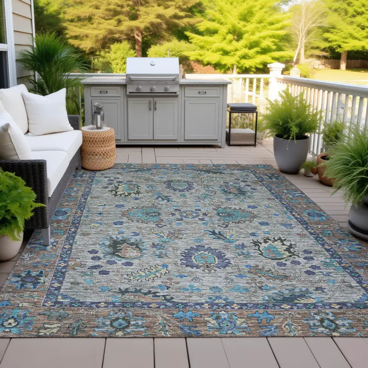 3' X 5' Pewter And Teal Blue Floral Washable Indoor Outdoor Area Rug