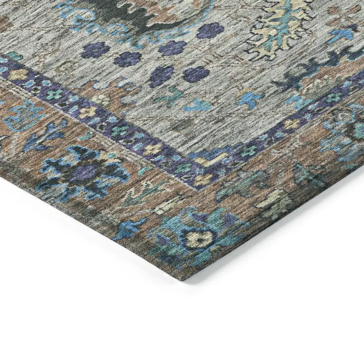 3' X 5' Pewter And Teal Blue Floral Washable Indoor Outdoor Area Rug