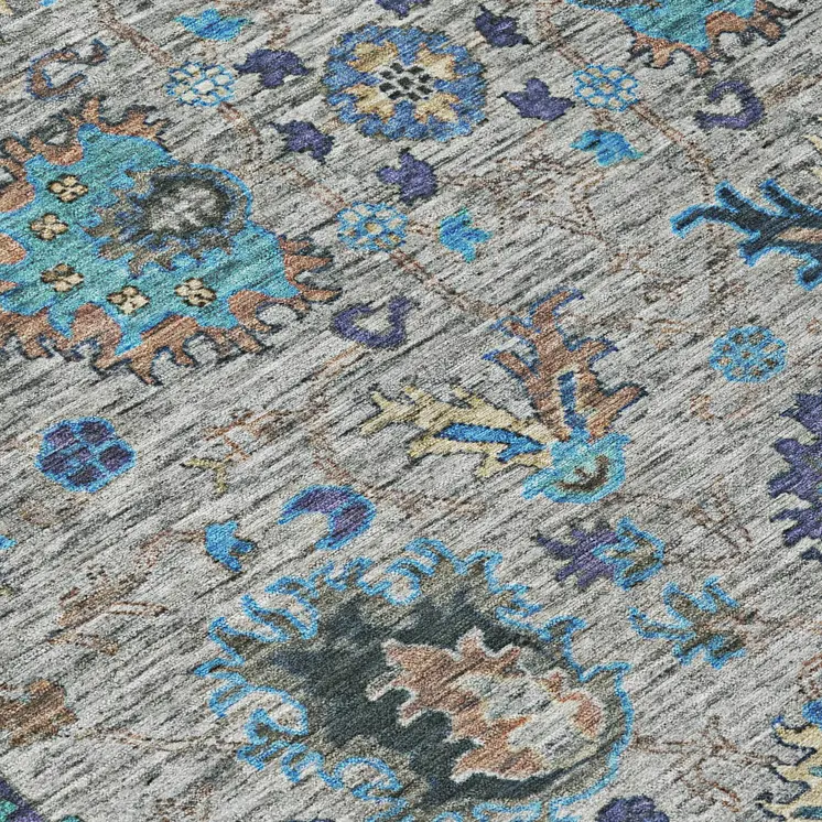 3' X 5' Pewter And Teal Blue Floral Washable Indoor Outdoor Area Rug