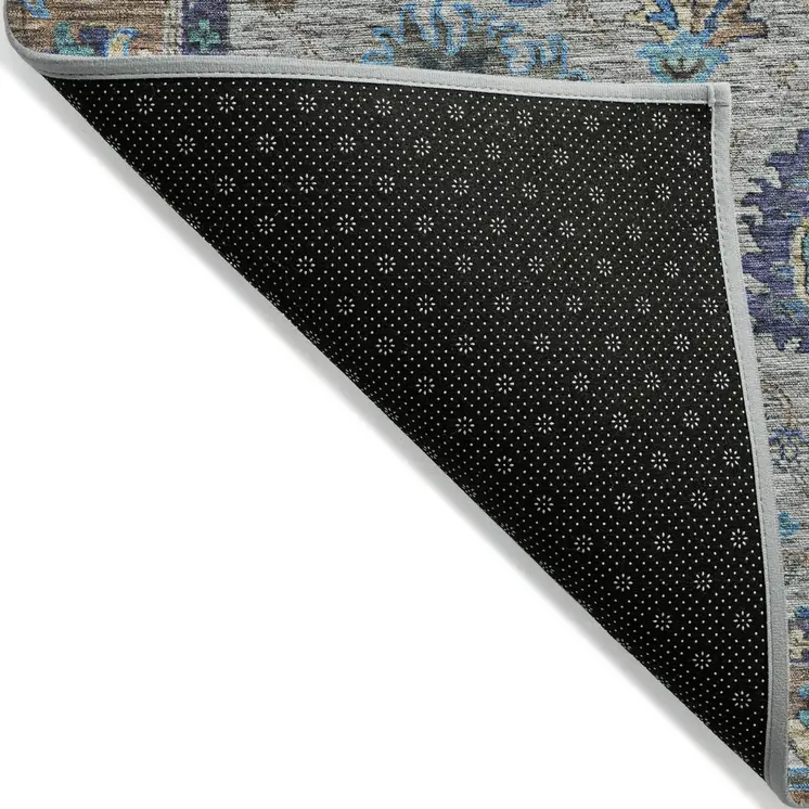 5' X 8' Pewter And Teal Blue Floral Washable Indoor Outdoor Area Rug