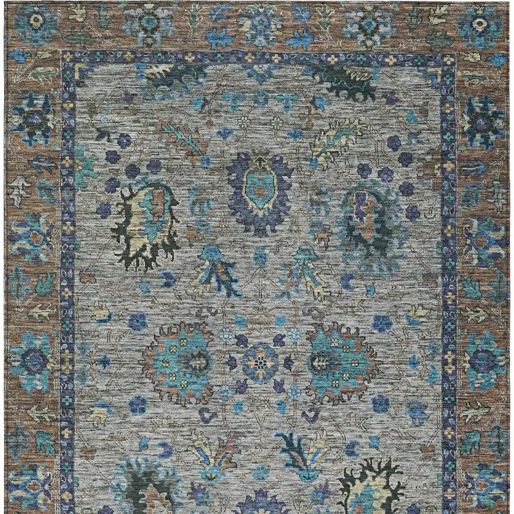 8' X 10' Pewter And Teal Blue Floral Washable Indoor Outdoor Area Rug