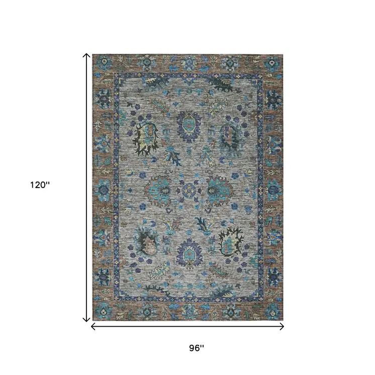 8' X 10' Pewter And Teal Blue Floral Washable Indoor Outdoor Area Rug