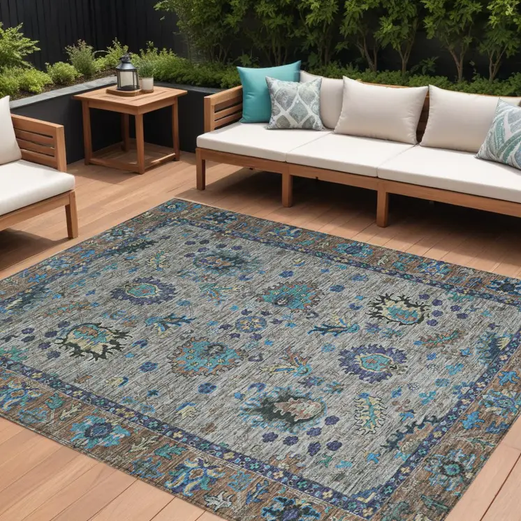 8' X 10' Pewter And Teal Blue Floral Washable Indoor Outdoor Area Rug
