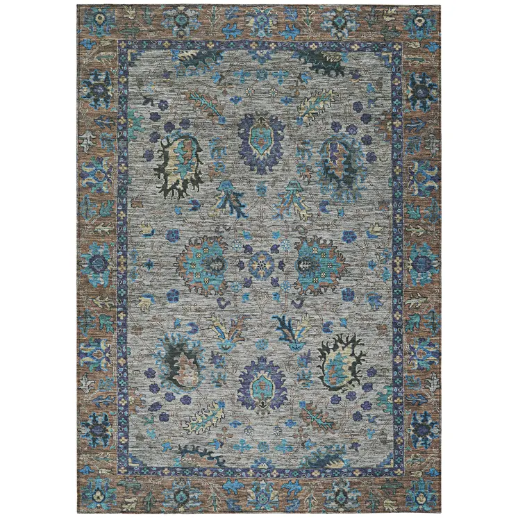 8' X 10' Pewter And Teal Blue Floral Washable Indoor Outdoor Area Rug