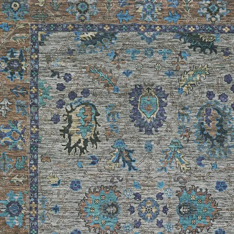 8' X 10' Pewter And Teal Blue Floral Washable Indoor Outdoor Area Rug