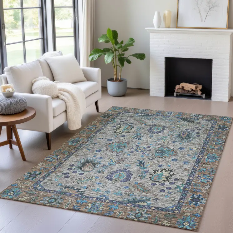 9' X 12' Pewter And Teal Blue Floral Washable Indoor Outdoor Area Rug