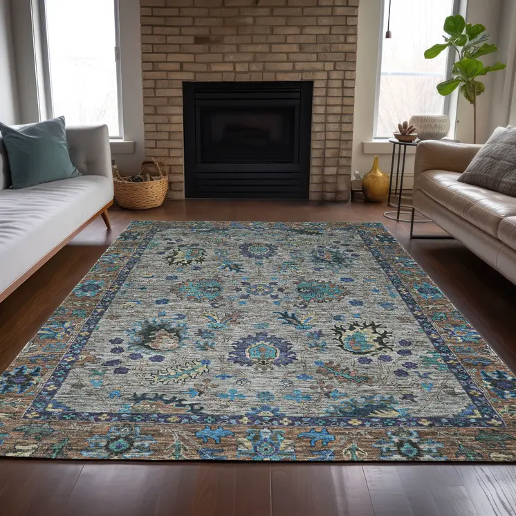 9' X 12' Pewter And Teal Blue Floral Washable Indoor Outdoor Area Rug