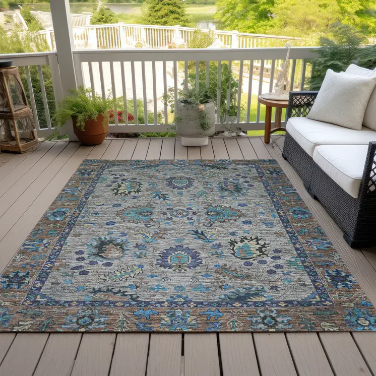 9' X 12' Pewter And Teal Blue Floral Washable Indoor Outdoor Area Rug