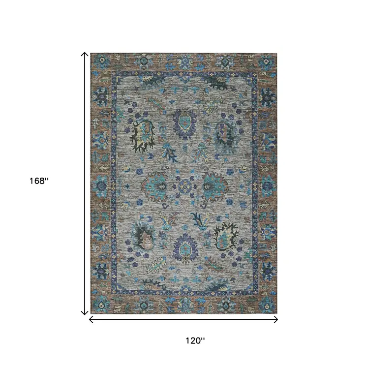 10' X 14' Pewter And Teal Blue Floral Washable Indoor Outdoor Area Rug