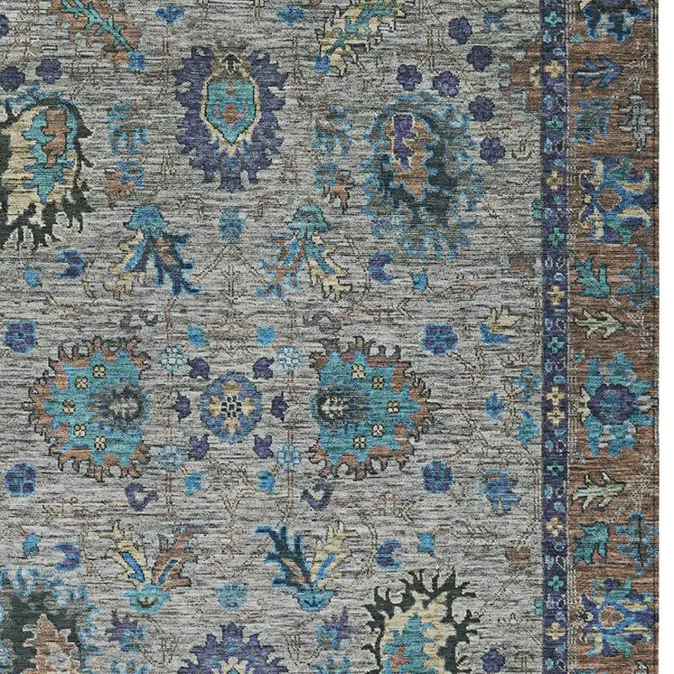 10' X 14' Pewter And Teal Blue Floral Washable Indoor Outdoor Area Rug