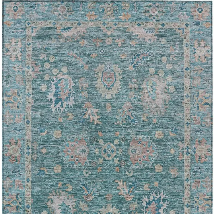 3' X 5' Teal Blue And Beige Floral Washable Indoor Outdoor Area Rug