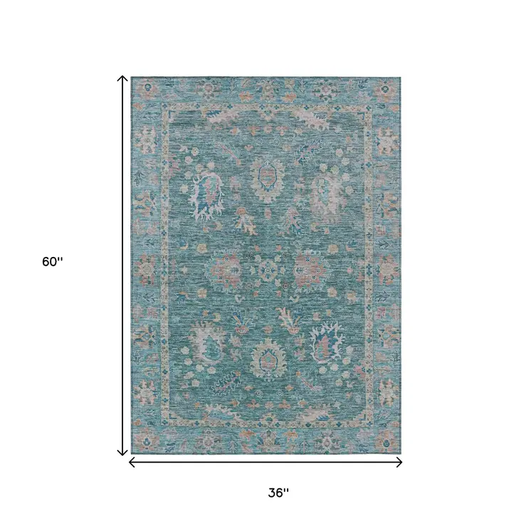 3' X 5' Teal Blue And Beige Floral Washable Indoor Outdoor Area Rug