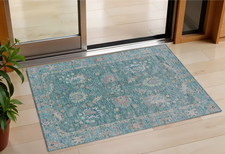3' X 5' Teal Blue And Beige Floral Washable Indoor Outdoor Area Rug