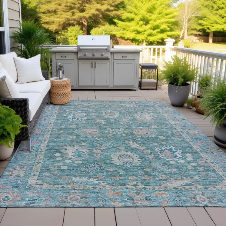 3' X 5' Teal Blue And Beige Floral Washable Indoor Outdoor Area Rug