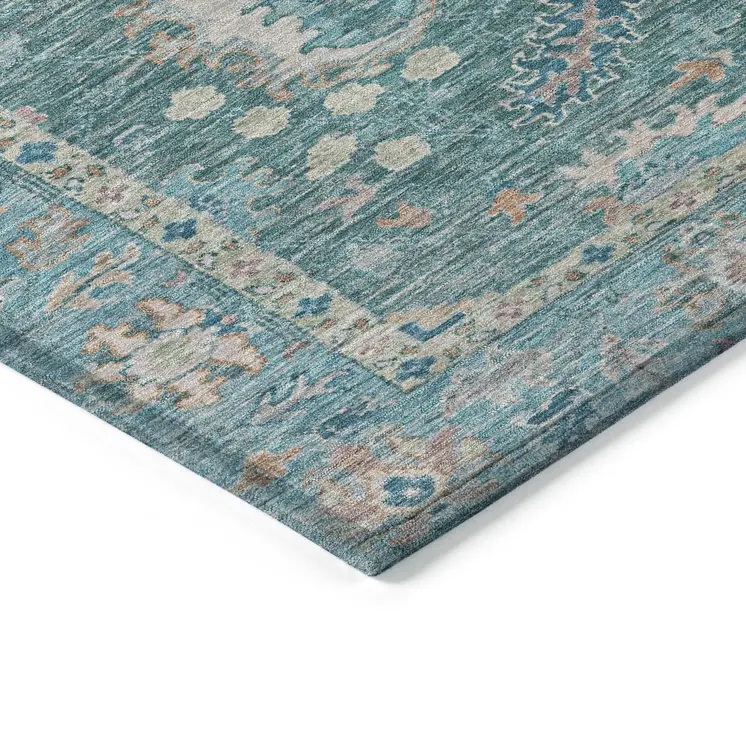 3' X 5' Teal Blue And Beige Floral Washable Indoor Outdoor Area Rug