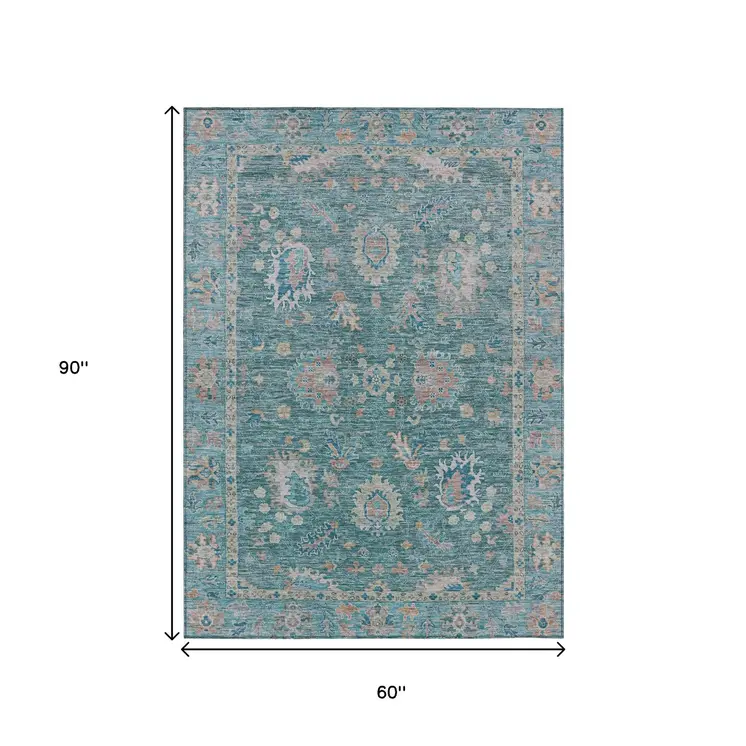 5' X 8' Teal Blue And Beige Floral Washable Indoor Outdoor Area Rug